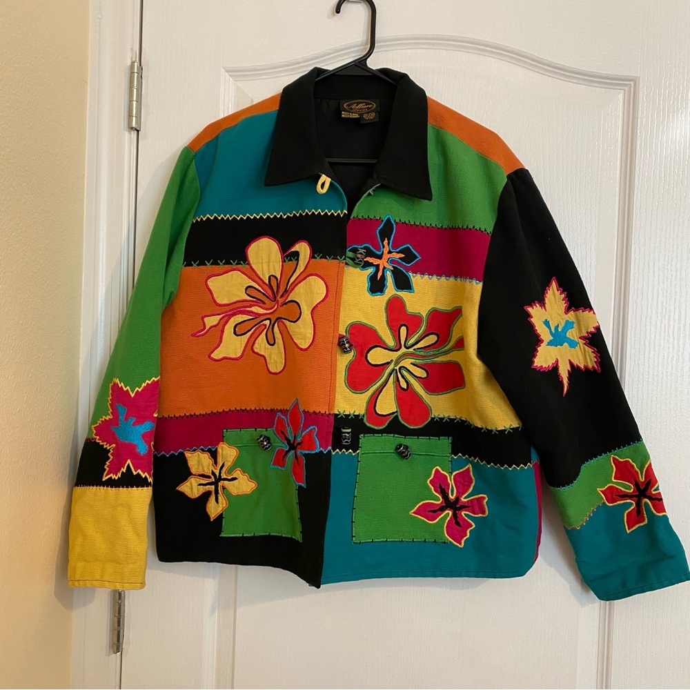 Vintage Allure Jacket Bright Colorful Flowers Retro Toggle Buttons
